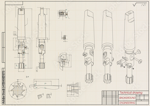Mechanical engineering drawings on light background. Cutting tools, milling cutter. Technical Design. Cover. Blueprint. Horizontal seamless pattern. Vector illustration.