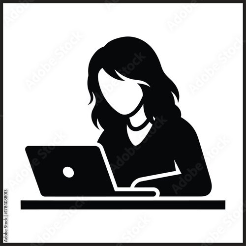 Silhouette of Person Working on Laptop Computer on White Background woman female