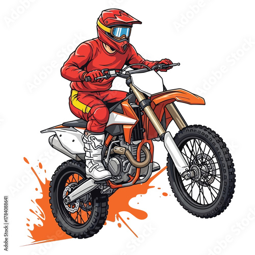 Dynamic motocross rider in vibrant red gear conquers an off road jump, showcasing extreme sports thrill and powerful action.