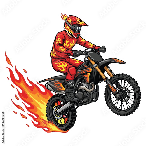 Dynamic motocross rider in fiery gear performs thrilling jump with flames erupting from tires, capturing extreme sport action and adrenaline.