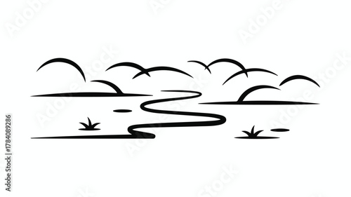 Serene minimalist landscape with winding river and gentle hills under a cloudy sky.