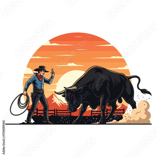 Dynamic cowboy tames powerful bull at sunset, capturing Western spirit and thrilling rodeo action
