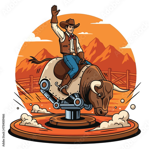 Excited cowboy confidently rides a mechanical bull at a vibrant western festival with mountainous backdrop and dusty arena effects.