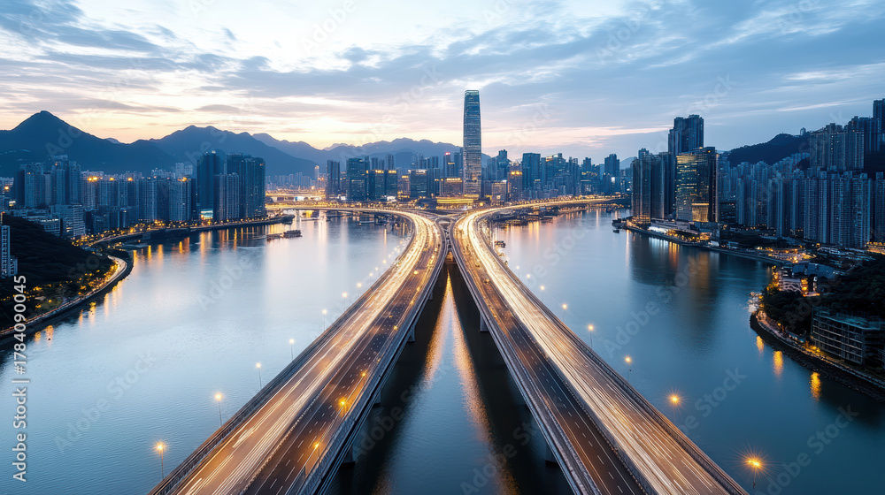 Naklejka premium Bridge at sunset over river with city skyline and light trails