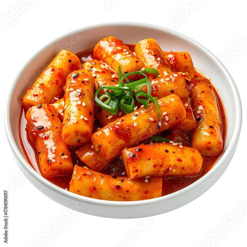 Close-up of Korean tteokbokki rice cakes in a white bowl, coated in a spicy red sauce, clipart, isolated on a transparent background.