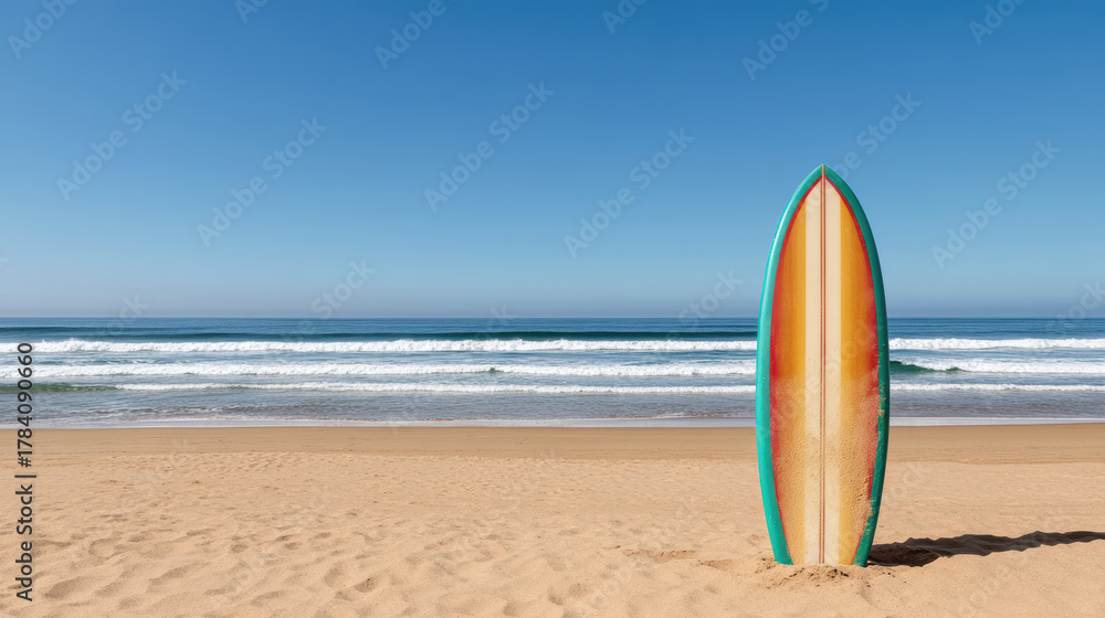 Fototapeta premium Colorful surfboard beach ocean waves sunny sky standing upright with shadow
