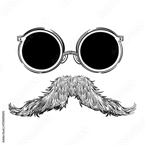 Hand-drawn illustration of round vintage sunglasses and a bushy mustache,