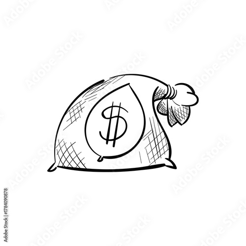 Hand-drawn illustration of a money bag with a dollar sign Financial concept design