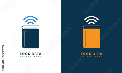 Book icon with WiFi or signal waves. Represents digital content, audiobooks, e-reading, and streaming information. Dual colors.