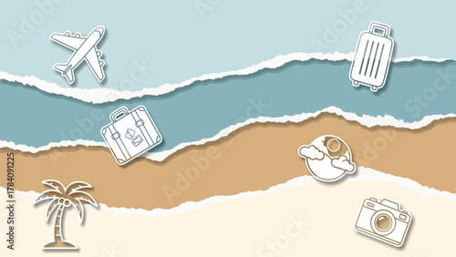 Dreaming of sunny beach getaways with luggage, an airplane, and a camera ready for adventure