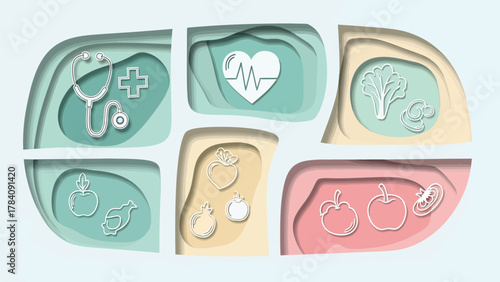 Vibrant healthcare icons symbolizing healthy living, nutrition, and medical care in a modern, clean design
