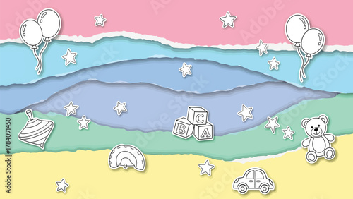 Charming cartoon children's toys and balloons float on a pastel layered background, perfect for early childhood education and playful designs.