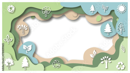 Vibrant eco friendly nature frame with trees leaves sun and recycling symbols in calming earth tones promoting sustainability and a healthy planet