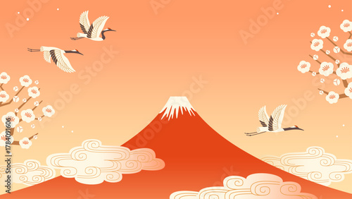 富士山と鶴の背景　和風お正月素材