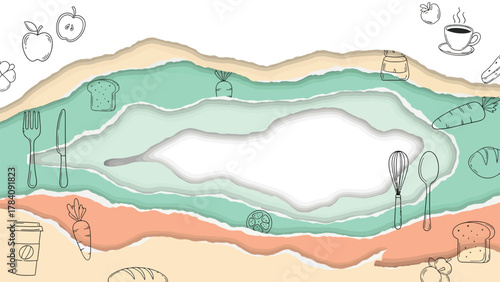 Whimsical food and drink doodles creatively arranged on a colorful, layered background, perfect for playful culinary themes.