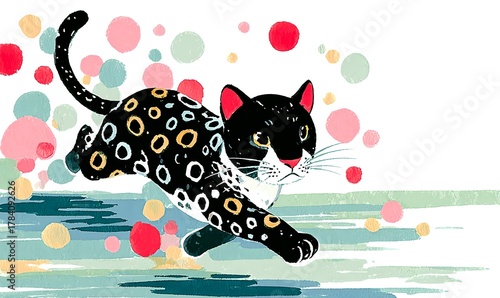 Expressive ink-wash rendering of a jaguar mid-leap with splattered brush effects symbolizing instinct and power