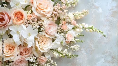 Abundant arrangement of delicate peach and white blossoms rests upon a textured surface