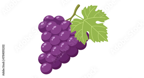 A vibrant bunch of cartoon-style purple grapes with a fresh green leaf isolated