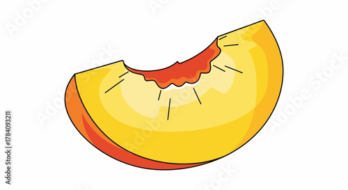 A vibrant illustration of a single, juicy peach slice with a bitten section