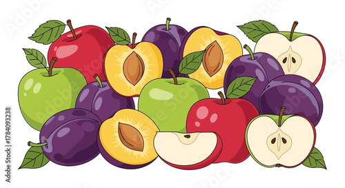 Colorful array of apples and plums illustration for healthy lifestyle posters