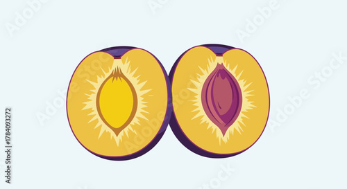 Halved Plums with Unique Pit Variations on Plain Background Art Style