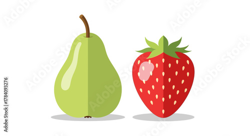 Fresh pear and ripe strawberry illustration against a white background