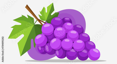 Delightful Purple Grapes Bunch with Green Leaves Vector Illustration