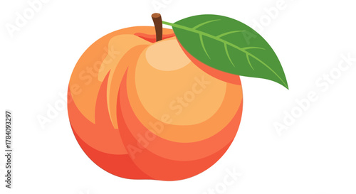Illustration of a Ripe Peach with Stem and Leaf on White Background