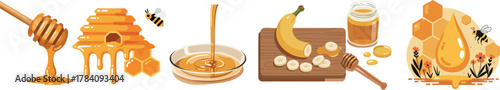 Honey dipper, honeycomb, bee, banana slices and honey jar vector illustration with golden yellow color palette 