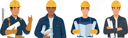 Construction workers holding blueprints and wearing yellow safety helmets in various poses for engineering and building projects 