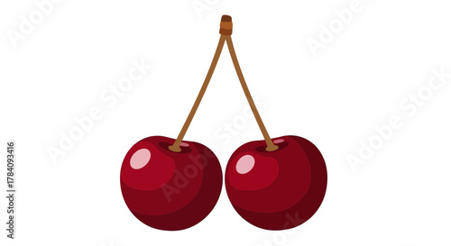 Two deep red cherries hanging, a delicious fruit icon illustration