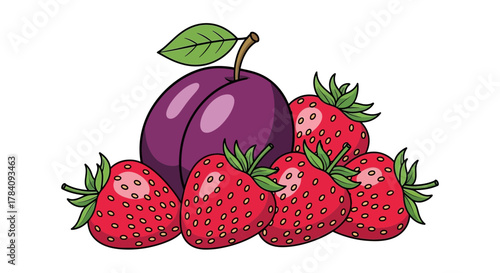 Vibrant plum and strawberry arrangement with clean illustration aesthetic