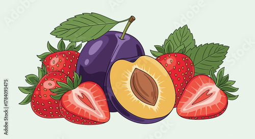 Vibrant illustration of fresh strawberries and plums composition on light backdrop