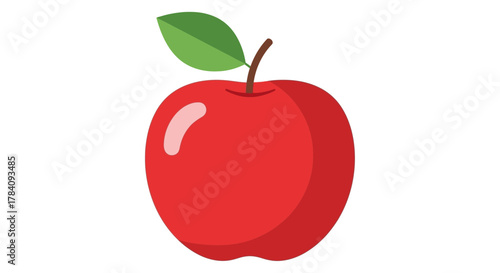 Vibrant red apple illustration with a fresh green leaf on a pure white background