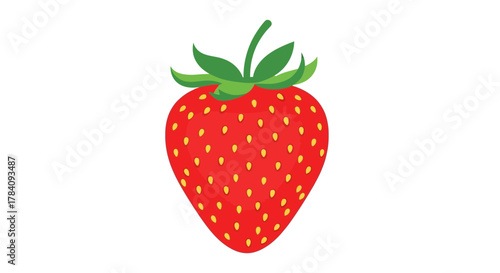 Vibrant red strawberry illustration with realistic seed detail and verdant stem