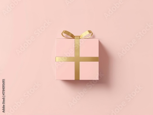 Elegant pink gift box with golden ribbon and bow on pastel background. Minimal luxury design concept for celebration, wedding, birthday, or holiday branding visuals.