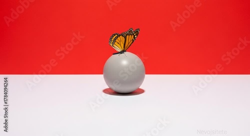 Monarch butterfly resting on white sphere against bright red background minimal composition. Nature concept