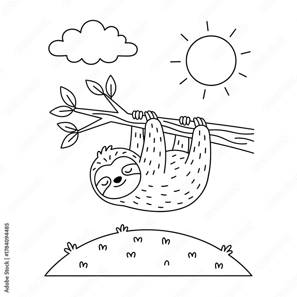 Naklejka premium Sloth hanging from a tree branch with sun and clouds