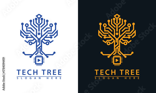 Digital tree logo formed by circuit lines. Symbolizes technology growth, connectivity, IT education, and root data.