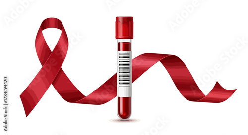 Realistic Blood Test Tube with Red Awareness Ribbon