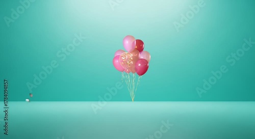 Colorful helium balloons floating near turquoise wall in soft daylight interior. Celebration concept