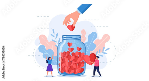 Donation Jar Filled with Hearts Vector Concept