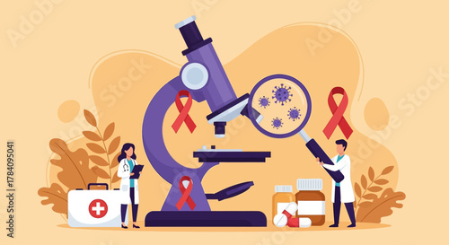 Medical Team Analyzing HIV Virus with Microscope