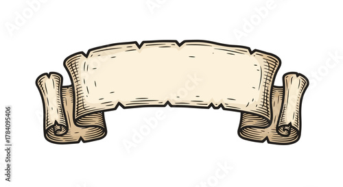 Vintage ribbon banner scroll in a hand drawn engraving style. Old parchment papyrus design element for a message or text heading