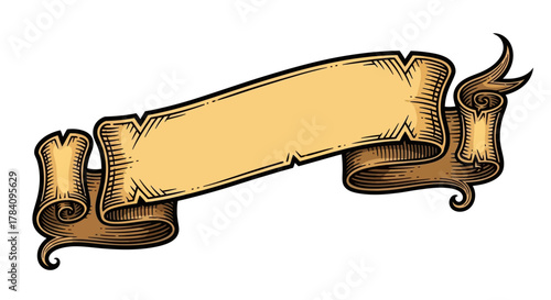 Vintage ribbon scroll banner in a hand-drawn retro woodcut or engraving style for labels and headlines