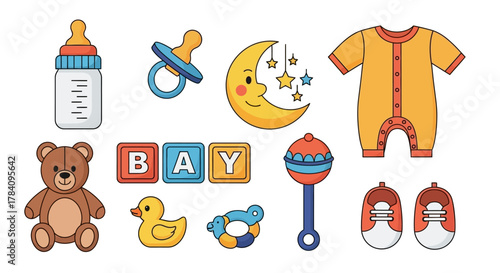 A colorful set of cute baby shower icons and newborn essential items like a bottle, pacifier, and teddy bear