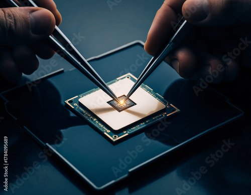 Hands using tweezers to handle a small microchip on a dark background. Perfect for technology, electronics, or engineering designs.