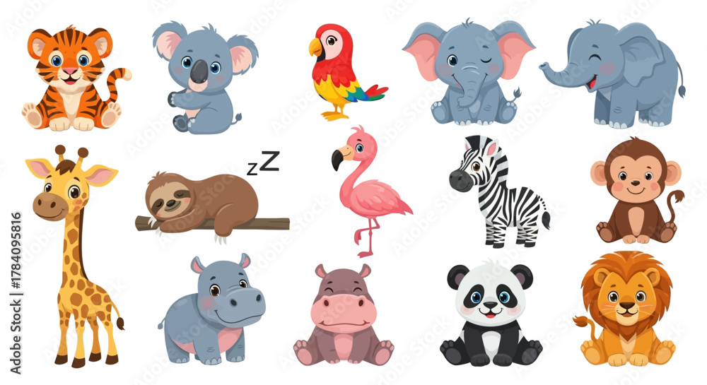 Naklejka premium Vibrant Vector Illustrations of Adorable Cartoon Baby Animals – A Charming Collection of Cute Wildlife Characters for Children's Designs
