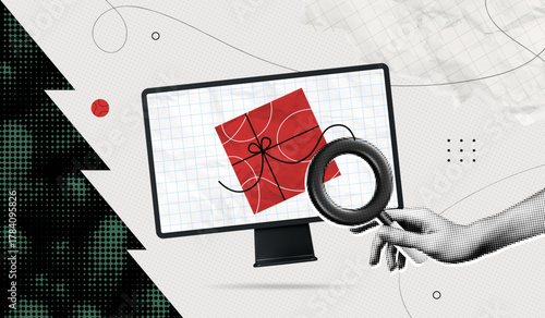 Trendy Halftone Collage Merry Christmas and New Year poster. Hand with magnifying glass searches for gift online. Red present box. Holiday sale. Contemporary vector illustration art