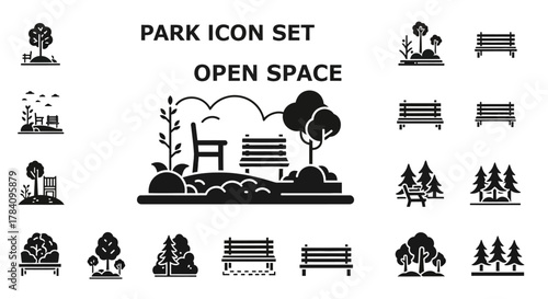 Park Icon Set Open Space, Greenery, and Relaxation Elements for Outdoor Design